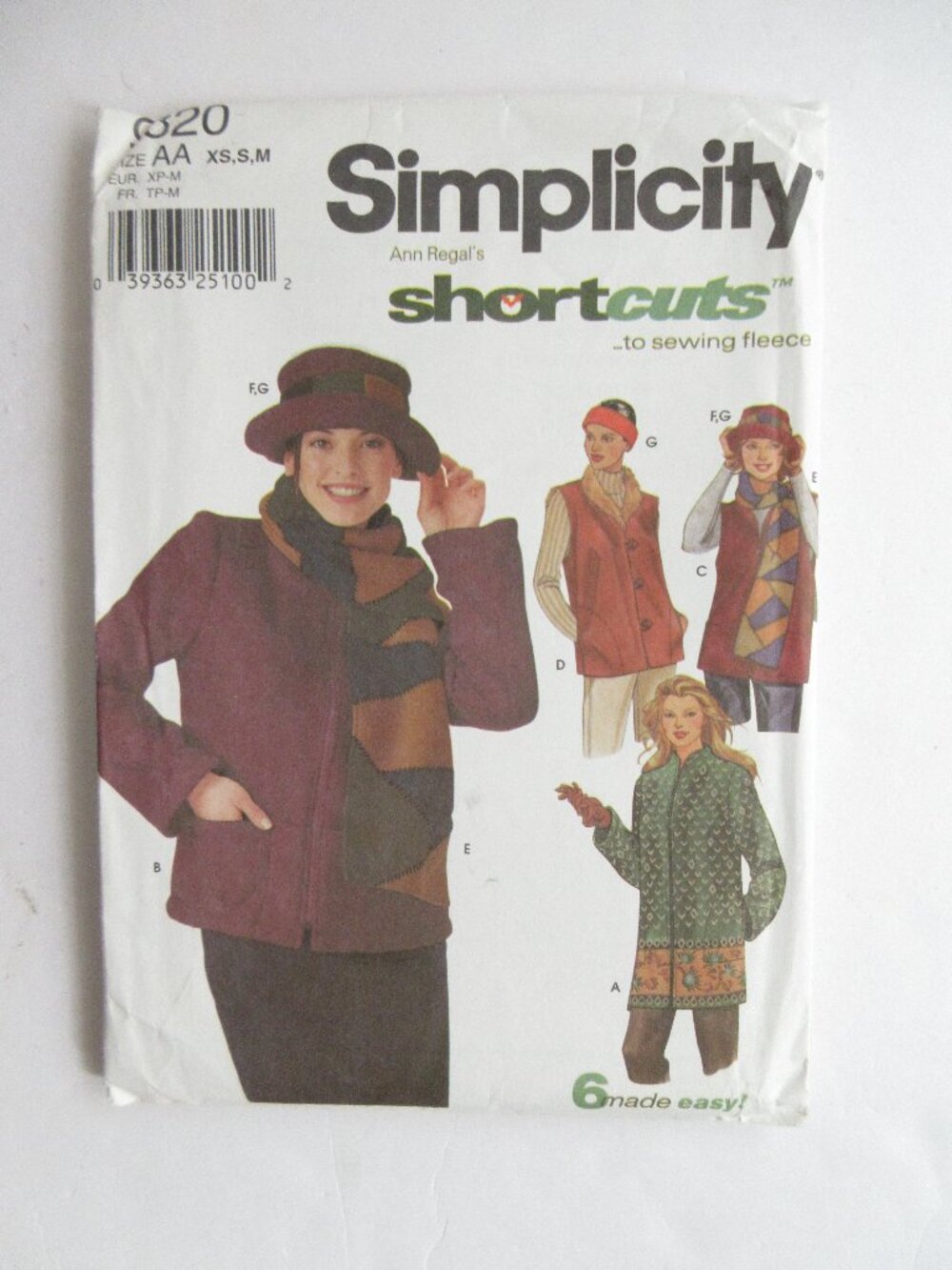 Simplicity Pattern 9820 Misses Jacket, Vest, Scarf, Hat, Headband UNCUT XS S M